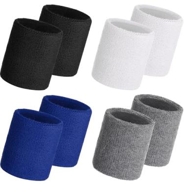 Imagem de Willbond 4 pares de pulseiras esportivas de pulso de algodão grosso para homens e mulheres pulseiras de tênis absorventes e respiráveis para basquete, malhar e ginástica (cores escuras)