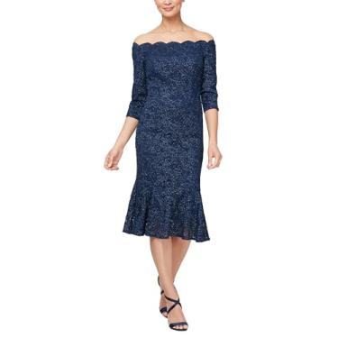 Imagem de Alex Evenings Vestido feminino curto de renda com ombros de fora, eventos formais, convidada de casamento, mãe da noiva, Renda recortada azul-marinho, 46