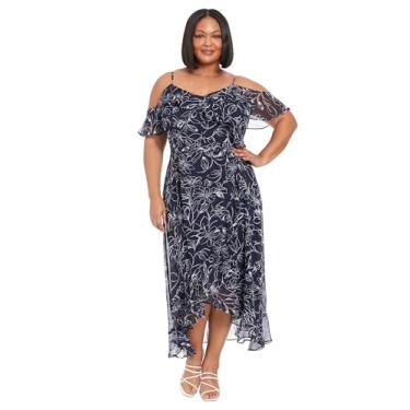 Imagem de London Times Vestido maxi feminino com estampa floral ombro vazado com detalhes de babados, Azul marinho/branco macio, 58
