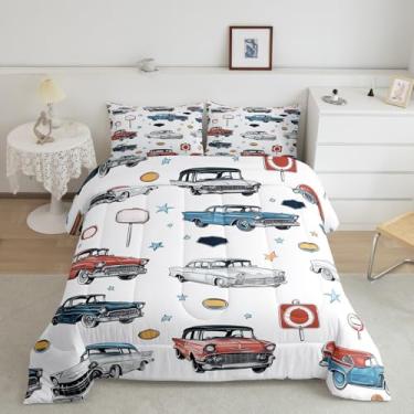 Imagem de Manfei Conjunto de cama de carro retrô, Queen, desenho animado em aquarela, para decoração de quarto de crianças, meninos e meninas, estilo vintage dos anos 70, edredom macio, 3 peças com 2 fronhas