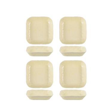 Imagem de Conjunto de tigela e prato de cerâmica criativo e personalizado, tigelas e pratos domésticos simples - prato quadrado amassado à mão de 20 cm - amarelo creme - 4 pacotes
