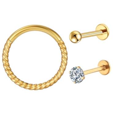 Imagem de LOMISS 3 Peças BRINCO TITÂNIO PIERCING ARGOLA TITÂNIO PVD TORCIDA PIERCING HELIX CONCH (DOURADO)