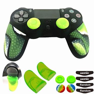 Imagem de Capa de silicone para controle Ps4 Slim/Pro DualShock (1 capa antiderrapante, 1 par de extensor de gatilho L2 R2, 4 peças de pegadores de polegar, 4 peças de adesivo protetor de barra de luz de LED) (granulado verde duplo)