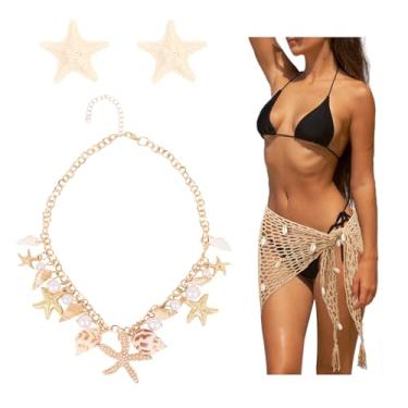Imagem de Jaciya Acessórios de fantasia de sereia com clipes de estrela do mar, saia de crochê de praia, colar de concha para mulheres e meninas