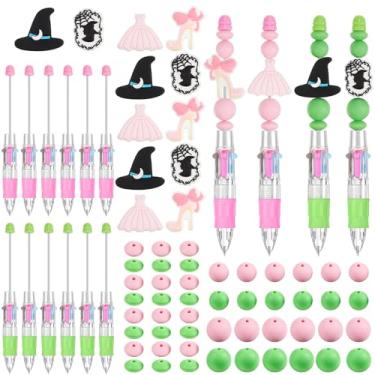 Imagem de Kosiz 12 canetas multicoloridas 4 em 1 com contas, faça-você-mesmo, princesas e bruxas, rosa e verde, brindes de festa para amigos, presentes de amizade e lembrancinhas de festa de Halloween