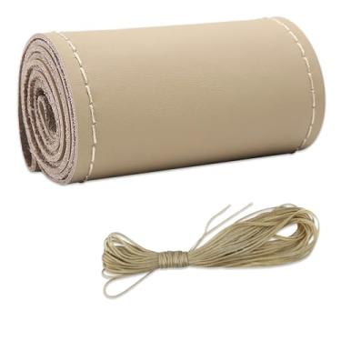 Imagem de Capa de volante de couro de microfibra, costura DIY com agulha e linha, protetor de volante de carro antiderrapante respirável, universal de 38 cm, costura automática para volante (bege, brilhante)
