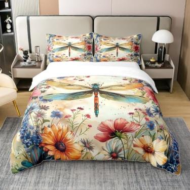 Imagem de 100% algodão colorido libélula capa de edredom tamanho casal aquarela margarida lavanda jardim flores conjunto de cama para crianças adolescentes adultos primavera tema selvagem floral rústica, capa