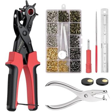 Imagem de Furador de couro, perfurador de cinto, 6 tamanhos revólver, kit de alicates de couro perfurador + 240 rebites de couro, rebites duplos para pulseiras de relógio, alças, coleiras de cães, sapatos, tecido, papel DIY