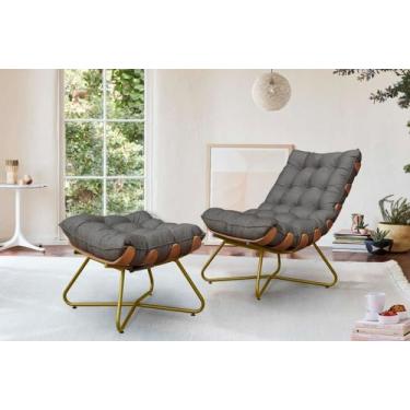 Imagem de Kit Poltrona Costela Madeira e Puff Eva Dourado - Grafitte - METAL MOV