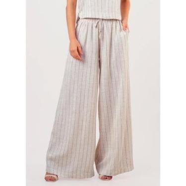 Imagem de Calça de Linho Bege Listrada Pantalona com Bolsos-Feminino