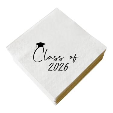 Imagem de SWEETTALA Guardanapos de formatura Class of 2026 Parabéns Grad Pacote com 50 guardanapos de coquetel brancos e pretos para decoração de festa de pós-graduação do ensino médio, universidade, faculdade