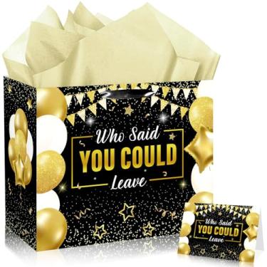 Imagem de JORHANCE Who Said You Could Leave Gift Bags with Tissue Paper & Card - Papel de embrulho grande para decorações de festa de despedida ou decorações não é adeus, veja você mais tarde (ouro preto)
