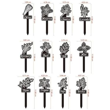 Imagem de Whaline 24 peças de placas de etiquetas de plantas de ervas, 12 estilos, marcadores de ervas de jardim, à prova d'água, etiquetas de estaca acrílicas pretas com nomes para berçário, decoração de