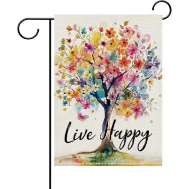 Imagem de Dyrenson Bandeira decorativa de jardim de árvore floral primavera verão, inspiração viva feliz aquarela flor quintal decoração exterior casa, borboleta sazonal serapilheira exterior pequena decoração
