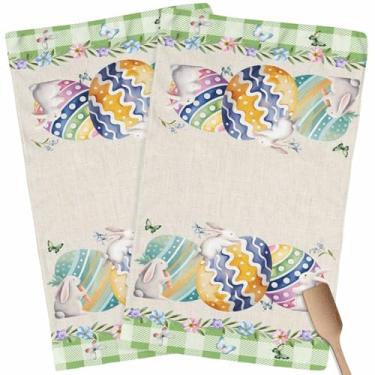 Imagem de LOVE HOME DAY Conjunto de 2 toalhas de cozinha, fazenda Páscoa ovos étnicos coelho em linho toalhas de mão pano de prato de microfibra absorvente verde búfalo treliça lavável barra de chá panos de