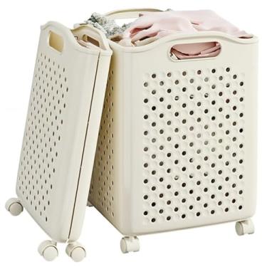 Imagem de Cesto de roupa suja dobrável de 57L com rodas, cesto de roupa suja dobrável, cestas de roupa sujas para dormitório, quarto e banheiro (branco creme)