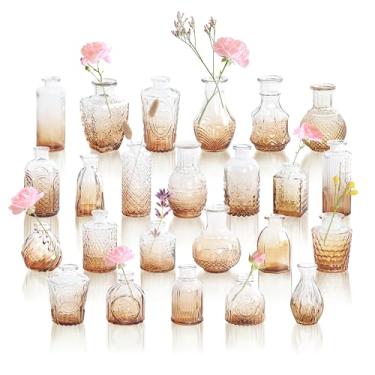 Imagem de GarDream Conjunto de 24 vasos de flores de vidro âmbar, mini vasos de flores vintage em relevo para centros de mesa, decoração de casamento, festas e eventos, vaso pequeno decorativo a granel para
