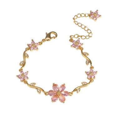 Imagem de NewZenro Pulseira feminina de elos de corrente de zircônia cúbica com flor de pétala banhada a ouro, bonita, delicada, colorida, cristal, floral, floral, ajustável, joia moderna para ela, 5.5 Inches +