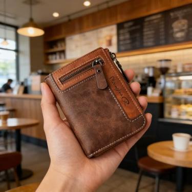 Imagem de Carteira masculina de couro, estojo de cartão fino com compartimento com zíper para dinheiro e cartões, design compacto premium para uso diário