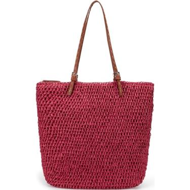 Imagem de Kiss Sea Bolsas para mulheres, bolsa de ombro de palha, bolsa de praia, bolsa de viagem para mulheres, extra grande, bolsa de verão, Vermelho, Large