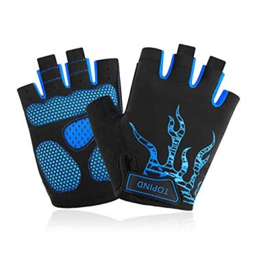 Imagem de TOPIND Luvas de ciclismo para homens/mulheres, luvas de bicicleta de montanha/estrada, acolchoadas, com gel de meio dedo, luvas de bicicleta antiderrapantes e respiráveis (azul, M)