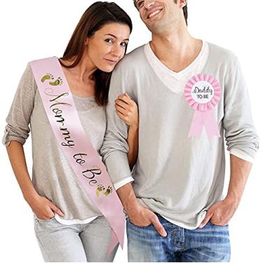 Imagem de NEWHAPPYLAND Decorações de chá de bebê menina faixa rosa e crachá de flandres Mommy to Be e Daddy to Be chá de bebê