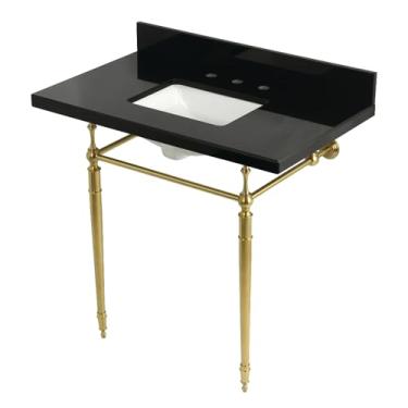 Imagem de Kingston Brass KVPK3622K8SQ7 Pia de console de granito preto eduardiano 91 cm com pernas de latão, granito preto/latão escovado