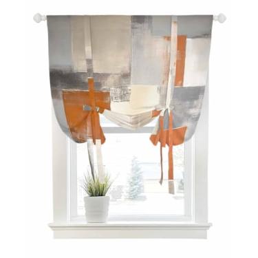 Imagem de Cortinas de amarrar para janelas abstratas laranja gasto bloco de cores haste bolso amarração janela persiana balão ajustável saia geométrica colagem arte para quarto, cozinha, banheiro, persianas, 86
