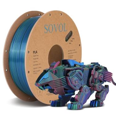 Imagem de Sovol Filamento De Seda Pla Tricolor Co-Extrusão 1,75Mm, Impressora 3D 1Kg/2,2Lbs, Brilhante Vermelho Escuro Verde Azul 3 Em 1 Material Coextrusão +/-0,03Mm