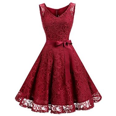 Imagem de Dressystar Vestido de festa de dama de honra de renda floral feminino curto gola V, A - Vermelho escuro, P