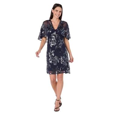 Imagem de R&M Richards Vestido floral com contas na altura do joelho com corpete capelet transparente e manga esvoaçante, Azul marino, 50