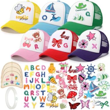 Imagem de Hercicy Conjunto de 6 kits de chapéus personalizados faça você mesmo, 56 adesivos com alfabeto colorido, 3 paletas de modelos de bonés de caminhoneiro de madeira, fita transparente para transferência