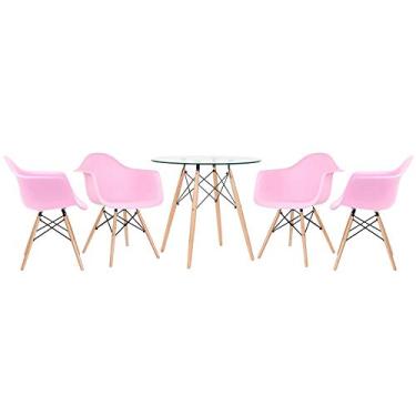 Imagem de Mesa redonda Eames com tampo de vidro 80 cm + 4 cadeiras Eiffel DAW Rosa claro