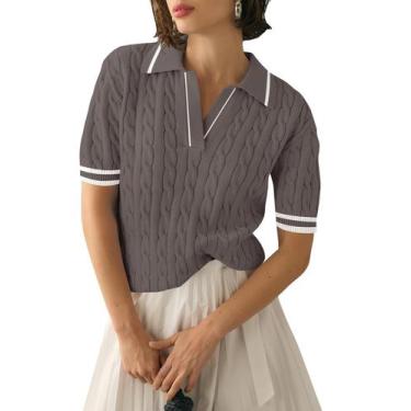 Imagem de Suéter de manga curta Micoson Lapel com decote em V para mulheres