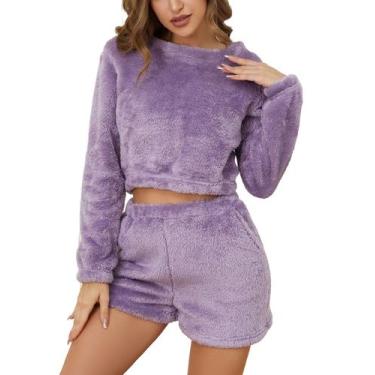 Imagem de Conjunto de pijamas femininos de flanela Flygo, roxo, tamanho M