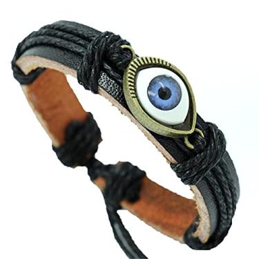 Imagem de Hifunny Pulseira de couro com olhos turcos trançados de olhos azuis para mulheres e homens pulseira de olho de demônio ajustável joia, 10 inch, Metal, Strass