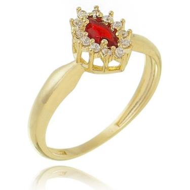 Imagem de Anel Navete Com Pedra Rubi Vermelha De Zircônias Banhado a Ouro 18k - 