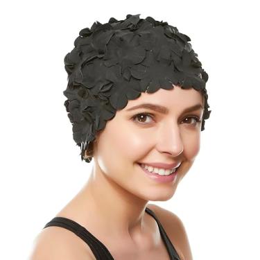 Imagem de (Floral Petal Add On, Petal/Black) - Beemo Latex Swim Cap - Women Stylish Swimming Cap Great For Ladies, Perfect To Keep Hair Dry - Suitable For Long Hair - Many Colours and Sophisticated Styles Available, Also offered With Chin Strap