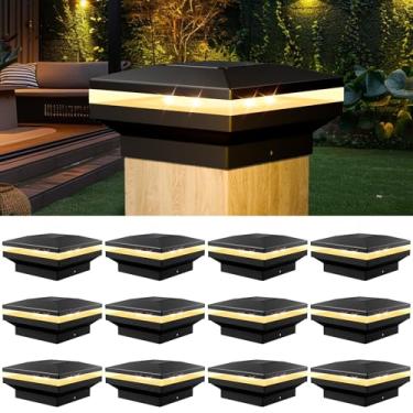 Imagem de Viewsun Pacote com 12 lâmpadas de poste solares, luzes de poste de cerca ao ar livre, tampas alimentadas por energia solar para deck, pátio, decoração de jardim, iluminação LED SMD branco quente de