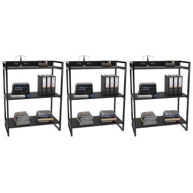 Imagem de Kit 3 Estantes Livreiro Multiuso Prisma Estilo Industrial 80cm 3 Prateleiras C08 Preto Onix