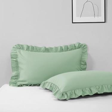 Imagem de Pacote com 2 fronhas pequenas 35,5 x 50,8 cm, verde claro para crianças, fronhas de microfibra com babados, macias, respiráveis e não encolhem