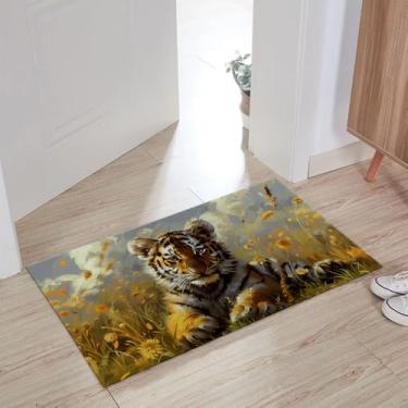 Imagem de BIWOTU Tapete de porta interior fofo filhote de tigre na grama, tapetes decorativos de porta de boas-vindas de entrada interna, tapete antiderrapante de tecido não tecido, presentes, para cozinha