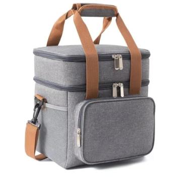 Imagem de Bolsa Térmica Grande com Dois Compartimentos Isolados para Alimentos Bebidas Marmitas Ideal para Transporte e Organização (Cinza)