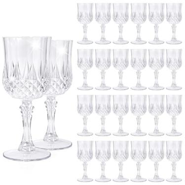 Imagem de Pacote com 24 taças de vinho de plástico transparente, taças de plástico vintage para festas, copos de bebida, copos inquebráveis, taças de água de cristal, reutilizáveis para recepção de casamento
