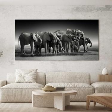 Imagem de Quadro Decorativo para Sala Quarto Hall 100x50 Manada de Elefantes Horizontal Grande Decoração Parede Tela