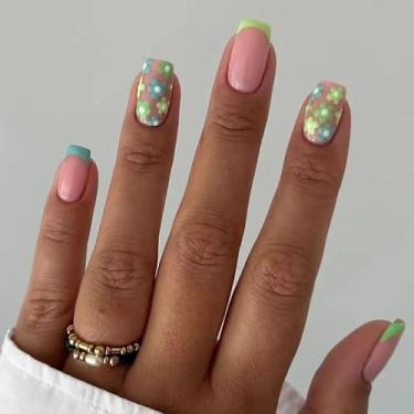 Imagem de Kit de unhas curtas médias quadradas francesas falsas com design de flor fashion capa completa prensa acrílica artificial bastão falso na unha para mulheres uso diário manicure casamento 24 peças