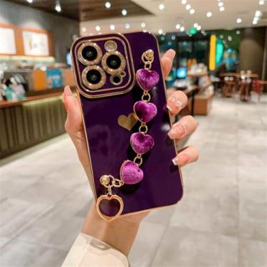 Imagem de Capa de telefone com pulseira de coração de amor macio para iPhone 11 12 13 14 15 Pro Max XS X XR 7 8 Plus SE 2020 2022 Capa de pára-choque de fiapos, roxa, para iPhone 7plus
