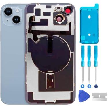 Imagem de ABUSVEX Original compatível com substituição de vidro traseiro do iPhone 14 e com placa e cabo flexível e todas as peças, moldura de câmera pré-instalada para iPhone 14 + ferramentas de reparo (azul)