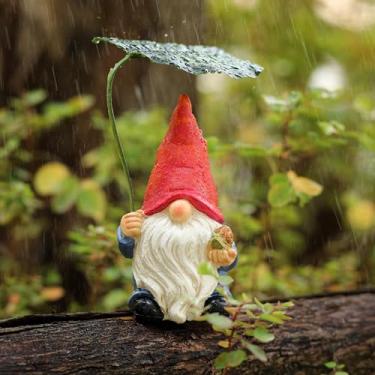 Imagem de WSHMZYHOME Gnomo de jardim com chapéu vermelho e guarda-chuva de folha, estátua decorativa ao ar livre, barba branca