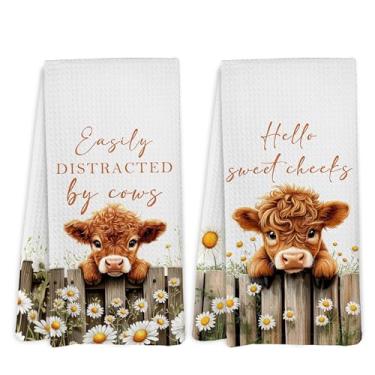 Imagem de Yorhifa Farmhouse Highland Western Cow Floral Toalhas de mão conjunto de 2, Hello Sweet Cheeks Daisy Floral Scottish Cow Toalhas de mão para decoração de banheiro, decoração de banheiro ocidental, 40